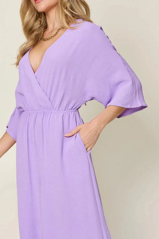 Double Take Full Size Surplice Wide Leg Jumpsuit with Pockets - ShalayeFashion