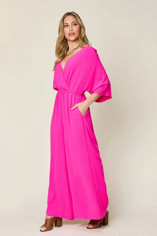 Double Take Full Size Surplice Wide Leg Jumpsuit with Pockets - ShalayeFashion