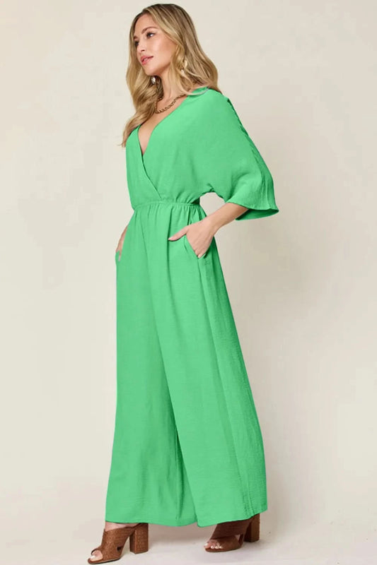 Double Take Full Size Surplice Wide Leg Jumpsuit with Pockets - ShalayeFashion