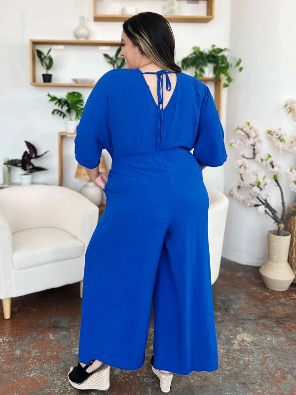 Double Take Full Size Surplice Wide Leg Jumpsuit with Pockets - ShalayeFashion