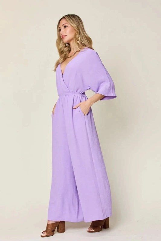 Double Take Full Size Surplice Wide Leg Jumpsuit with Pockets - ShalayeFashion