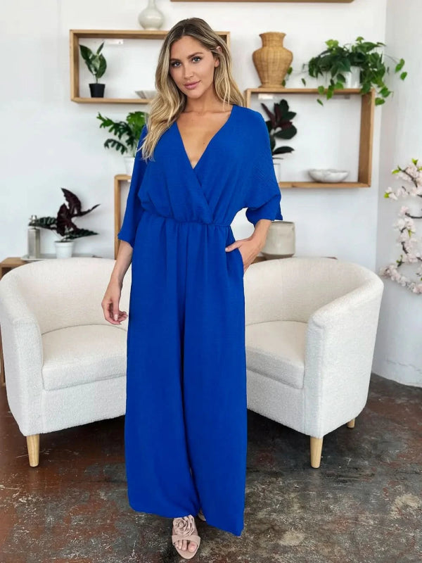Double Take Full Size Surplice Wide Leg Jumpsuit with Pockets - ShalayeFashion