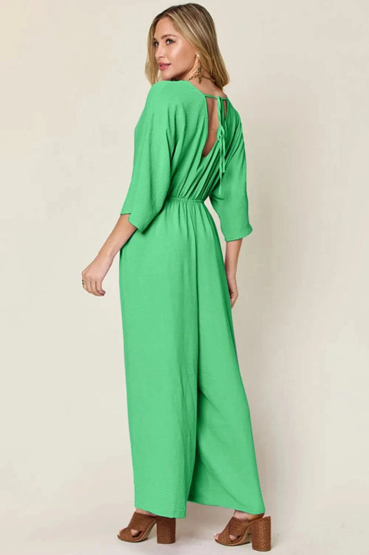 Double Take Full Size Surplice Wide Leg Jumpsuit with Pockets - ShalayeFashion