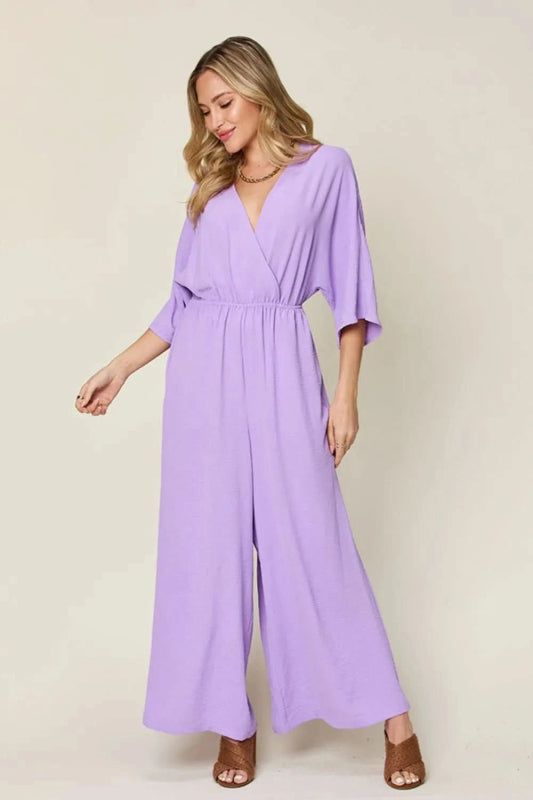 Double Take Full Size Surplice Wide Leg Jumpsuit with Pockets - ShalayeFashion