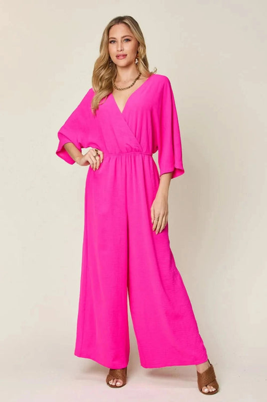 Double Take Full Size Surplice Wide Leg Jumpsuit with Pockets - ShalayeFashion