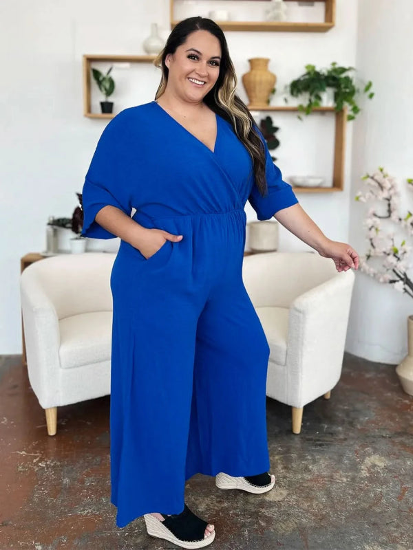 Double Take Full Size Surplice Wide Leg Jumpsuit with Pockets - ShalayeFashion