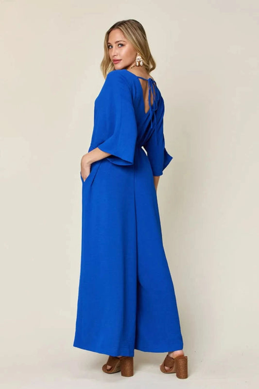 Double Take Full Size Surplice Wide Leg Jumpsuit with Pockets - ShalayeFashion