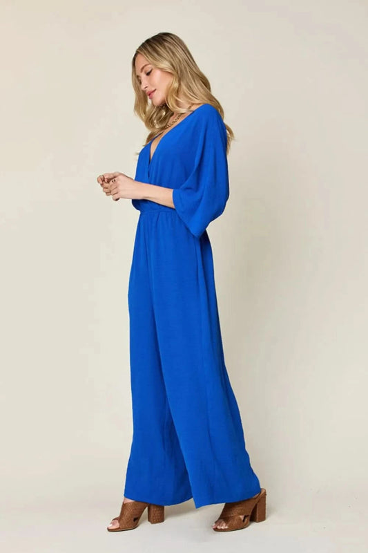Double Take Full Size Surplice Wide Leg Jumpsuit with Pockets - ShalayeFashion