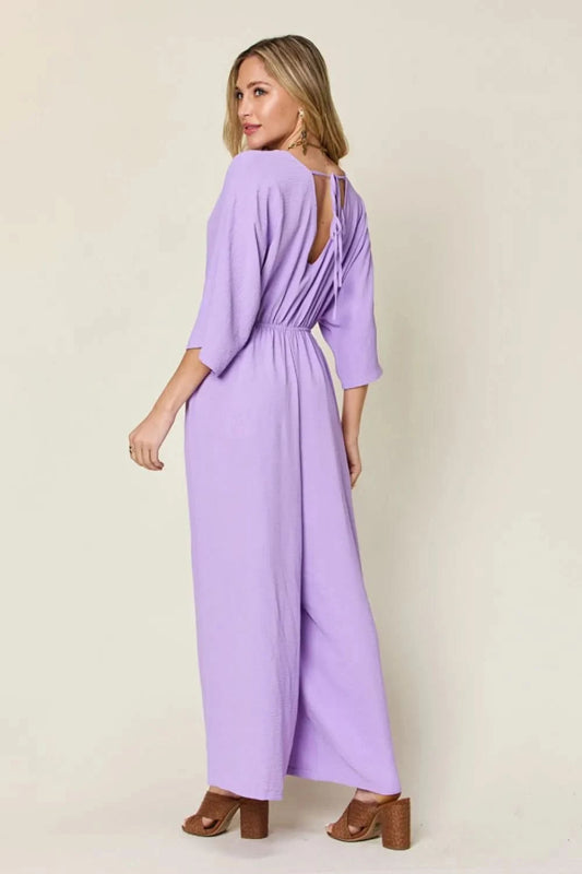 Double Take Full Size Surplice Wide Leg Jumpsuit with Pockets - ShalayeFashion