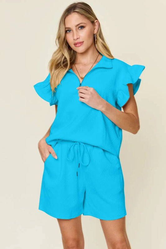 Double Take Full Size Texture Flounce Sleeve Top and Drawstring Shorts Set - ShalayeFashion