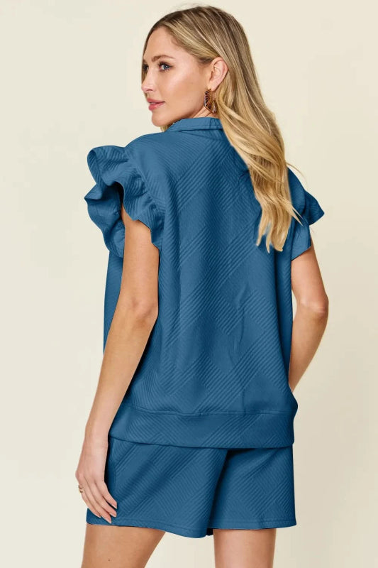 Double Take Full Size Texture Flounce Sleeve Top and Drawstring Shorts Set - ShalayeFashion