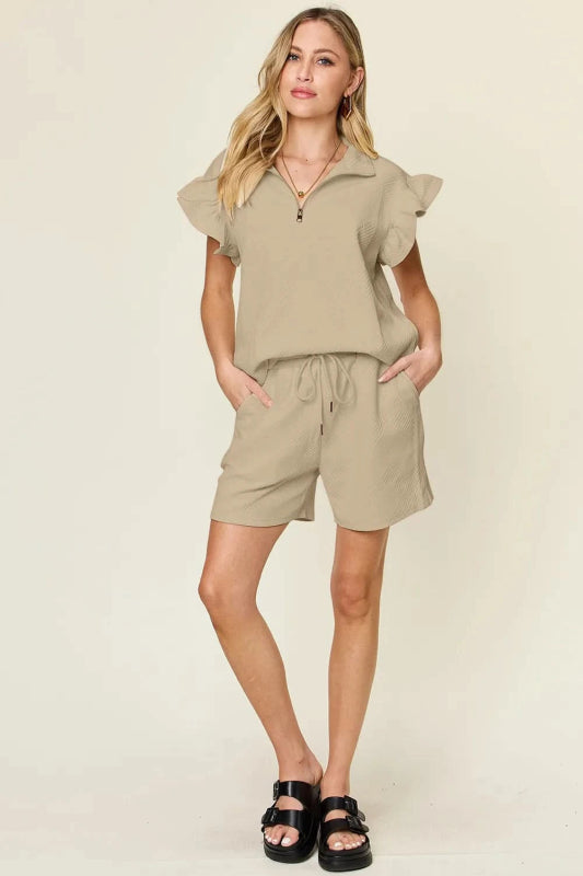 Double Take Full Size Texture Flounce Sleeve Top and Drawstring Shorts Set - ShalayeFashion