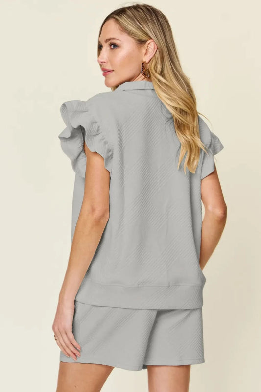 Double Take Full Size Texture Flounce Sleeve Top and Drawstring Shorts Set - ShalayeFashion