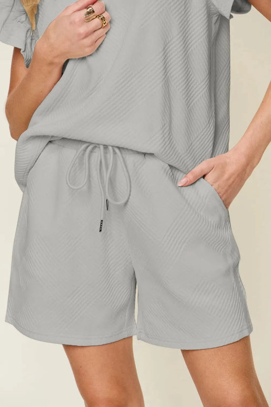Double Take Full Size Texture Flounce Sleeve Top and Drawstring Shorts Set - ShalayeFashion