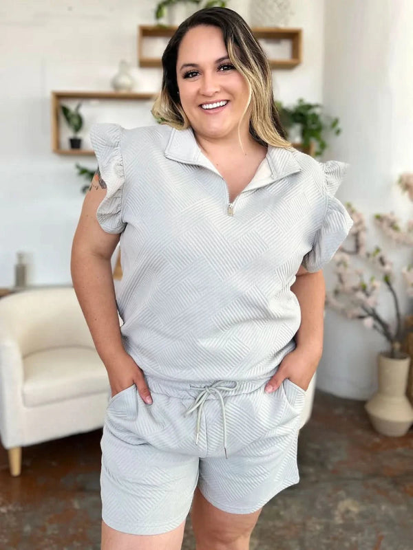 Double Take Full Size Texture Flounce Sleeve Top and Drawstring Shorts Set - ShalayeFashion