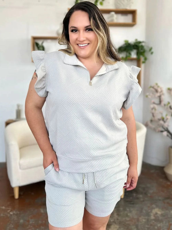 Double Take Full Size Texture Flounce Sleeve Top and Drawstring Shorts Set - ShalayeFashion