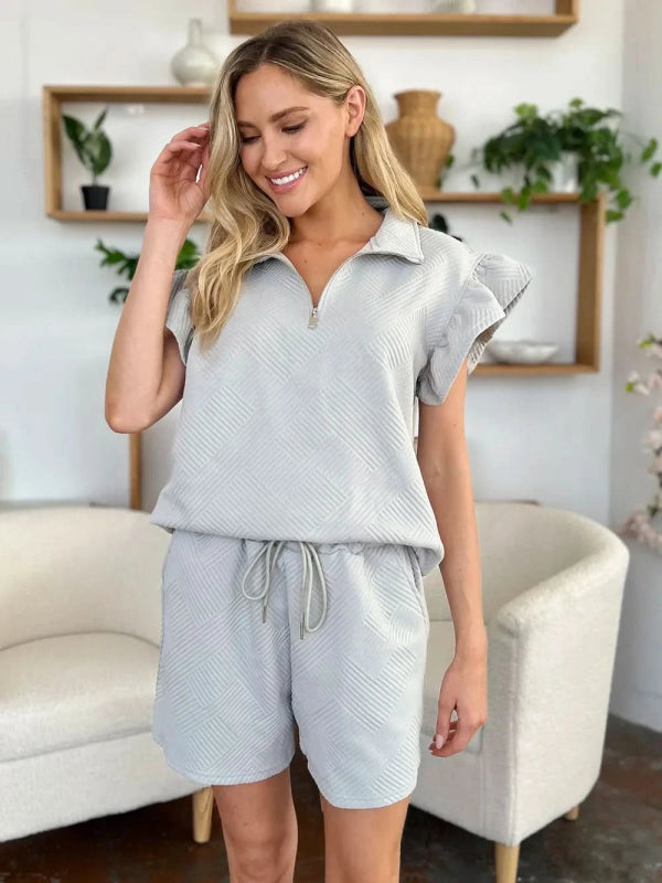 Double Take Full Size Texture Flounce Sleeve Top and Drawstring Shorts Set - ShalayeFashion