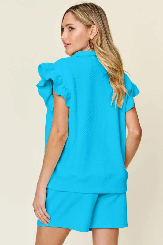 Double Take Full Size Texture Flounce Sleeve Top and Drawstring Shorts Set - ShalayeFashion