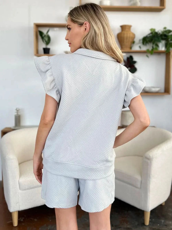 Double Take Full Size Texture Flounce Sleeve Top and Drawstring Shorts Set - ShalayeFashion