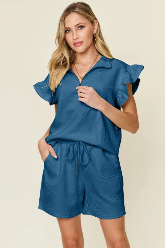 Double Take Full Size Texture Flounce Sleeve Top and Drawstring Shorts Set - ShalayeFashion