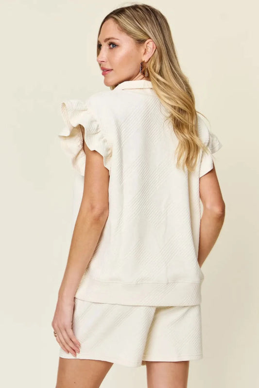 Double Take Full Size Texture Flounce Sleeve Top and Drawstring Shorts Set - ShalayeFashion