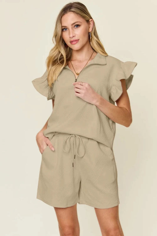 Double Take Full Size Texture Flounce Sleeve Top and Drawstring Shorts Set - ShalayeFashion