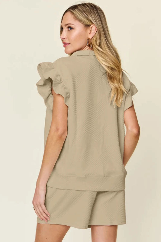 Double Take Full Size Texture Flounce Sleeve Top and Drawstring Shorts Set - ShalayeFashion