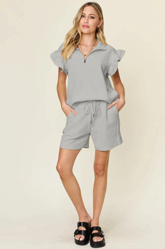 Double Take Full Size Texture Flounce Sleeve Top and Drawstring Shorts Set - ShalayeFashion
