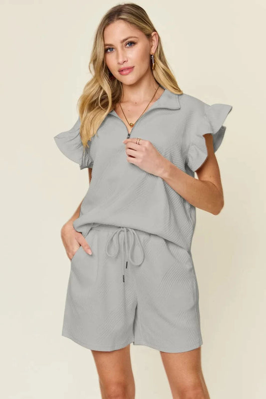 Double Take Full Size Texture Flounce Sleeve Top and Drawstring Shorts Set - ShalayeFashion