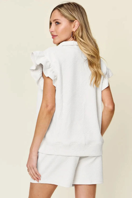 Double Take Full Size Texture Flounce Sleeve Top and Drawstring Shorts Set - ShalayeFashion