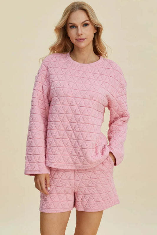 Double Take Full Size Texture Round Neck Long Sleeve Top and Shorts Set - ShalayeFashion