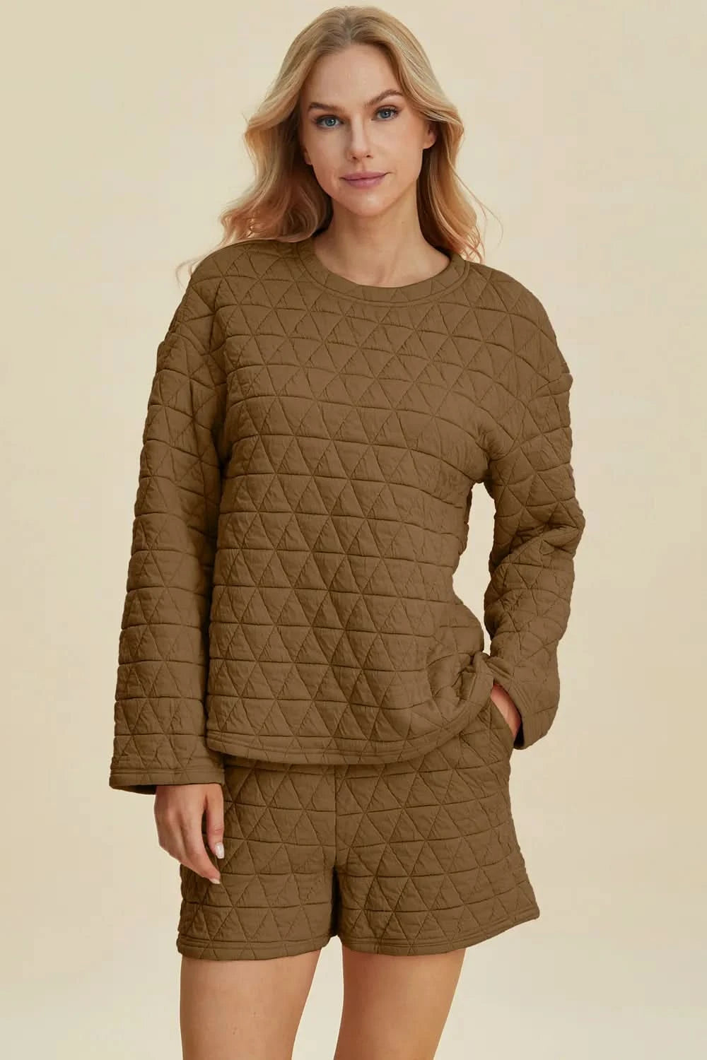 Double Take Full Size Texture Round Neck Long Sleeve Top and Shorts Set - ShalayeFashion