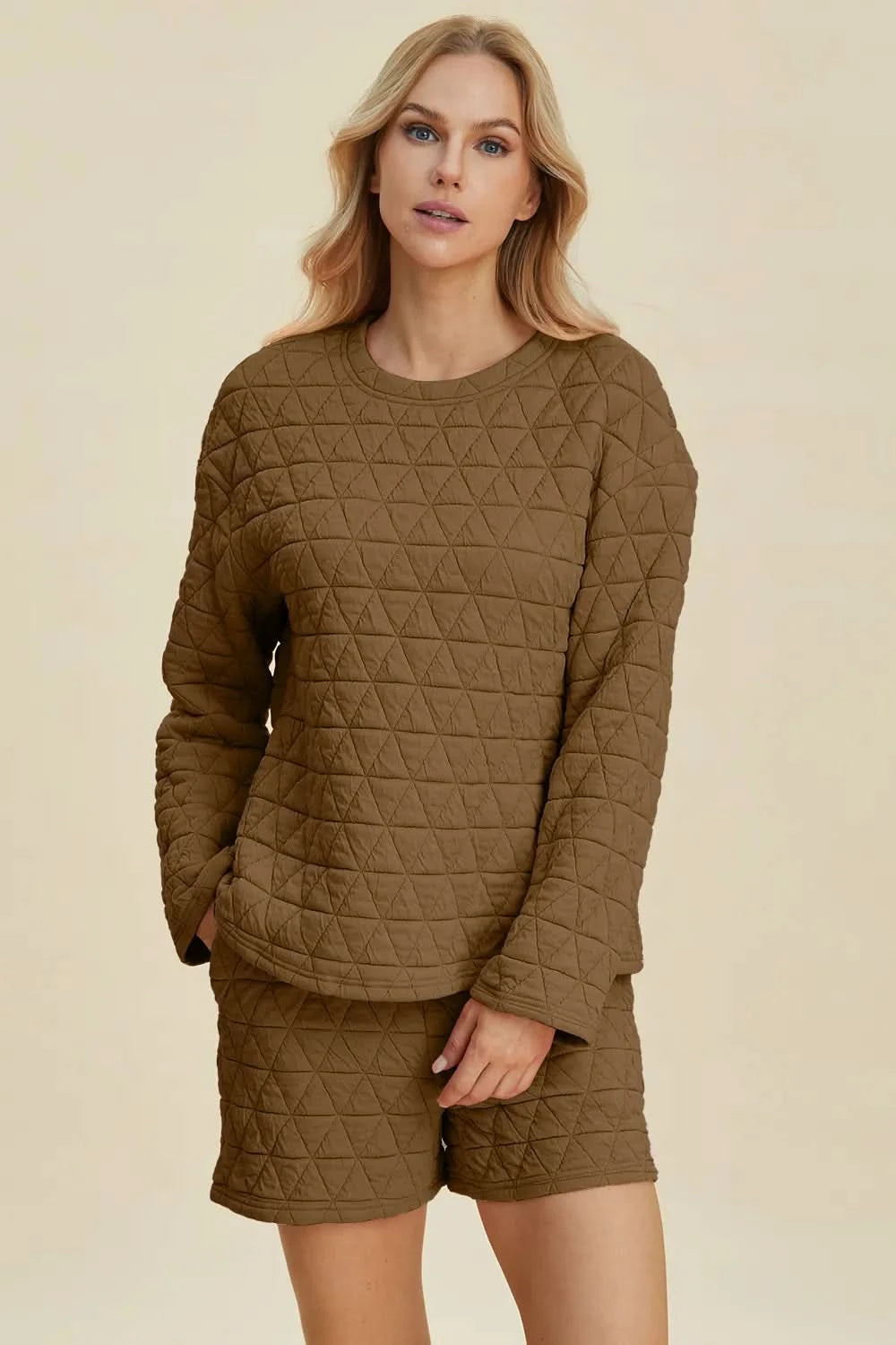 Double Take Full Size Texture Round Neck Long Sleeve Top and Shorts Set - ShalayeFashion