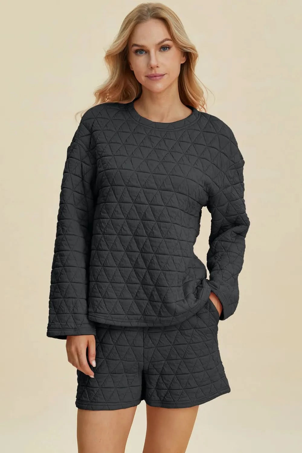 Double Take Full Size Texture Round Neck Long Sleeve Top and Shorts Set - ShalayeFashion