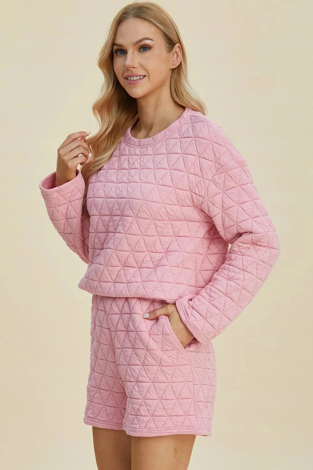 Double Take Full Size Texture Round Neck Long Sleeve Top and Shorts Set - ShalayeFashion
