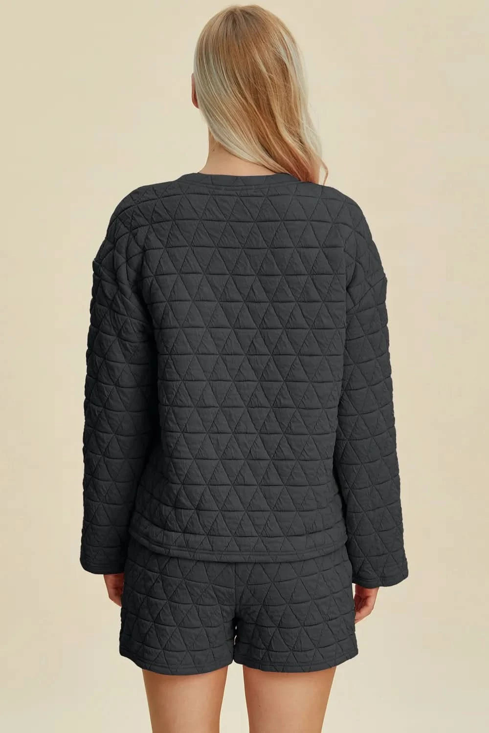 Double Take Full Size Texture Round Neck Long Sleeve Top and Shorts Set - ShalayeFashion