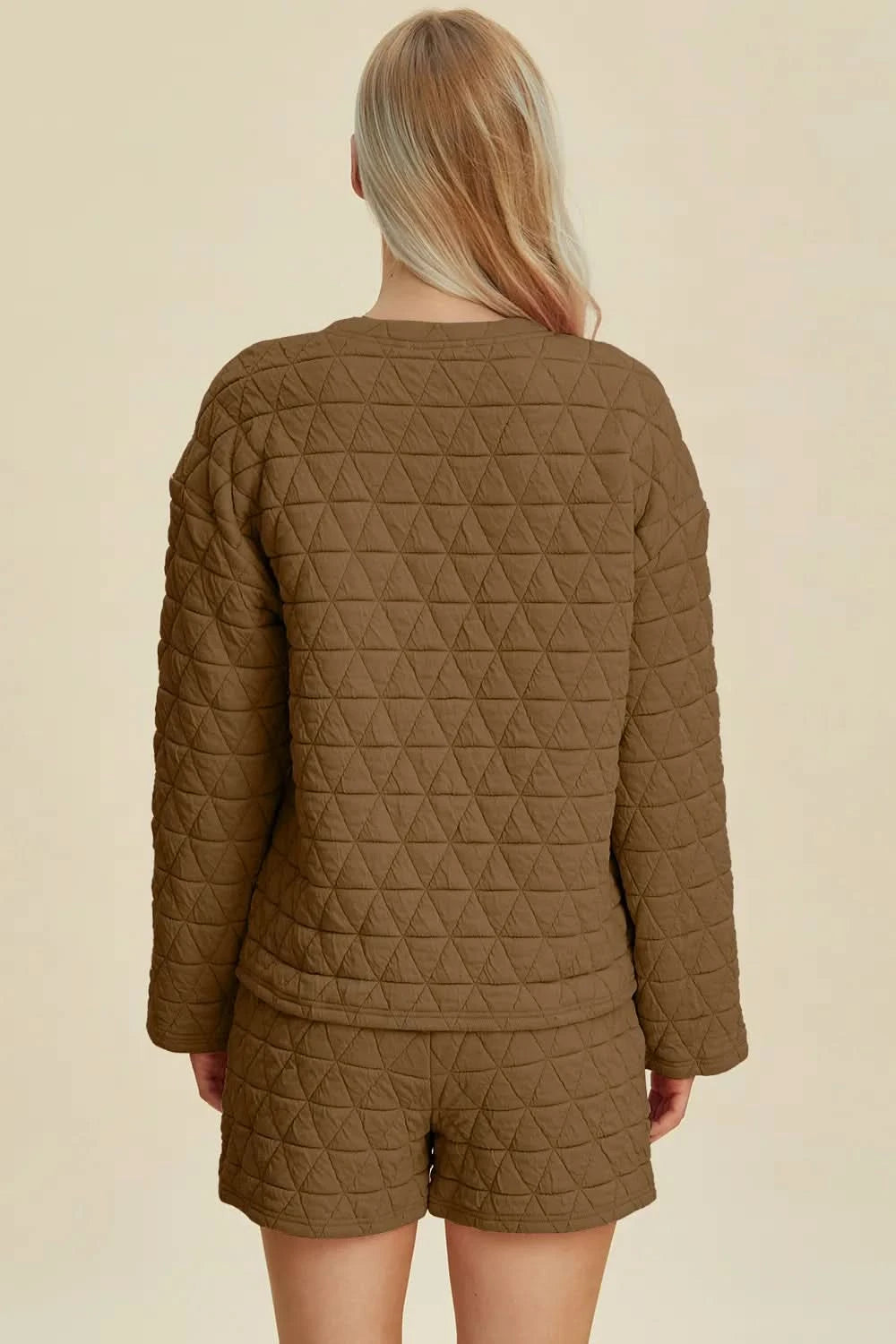 Double Take Full Size Texture Round Neck Long Sleeve Top and Shorts Set - ShalayeFashion