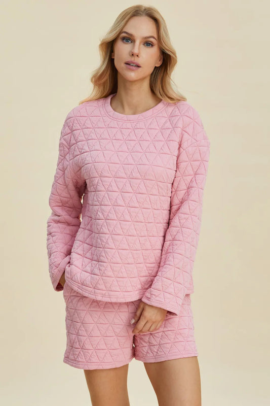 Double Take Full Size Texture Round Neck Long Sleeve Top and Shorts Set - ShalayeFashion
