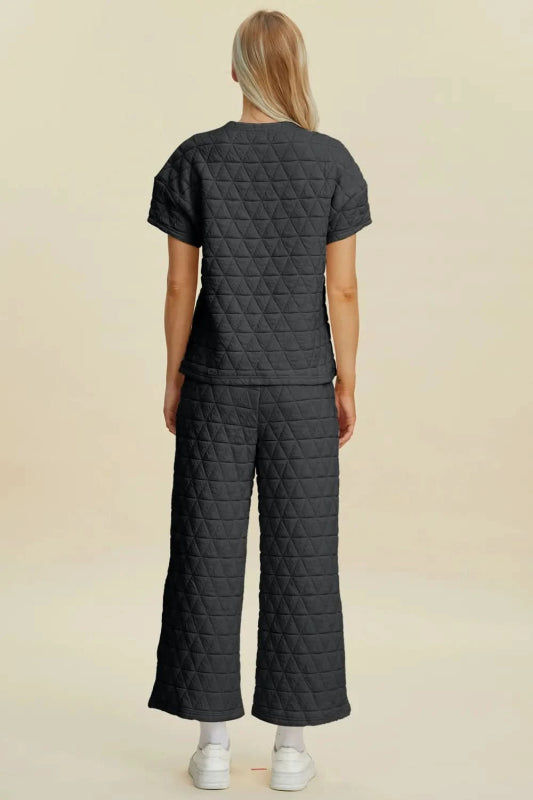 Double Take Full Size Texture Round Neck Short Sleeve Top and Pants Set - ShalayeFashion