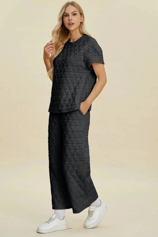 Double Take Full Size Texture Round Neck Short Sleeve Top and Pants Set - ShalayeFashion