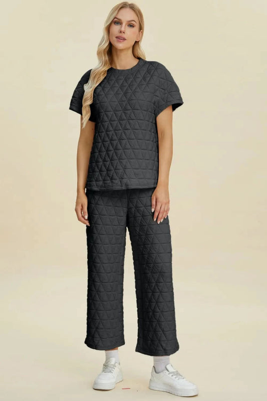 Double Take Full Size Texture Round Neck Short Sleeve Top and Pants Set - ShalayeFashion