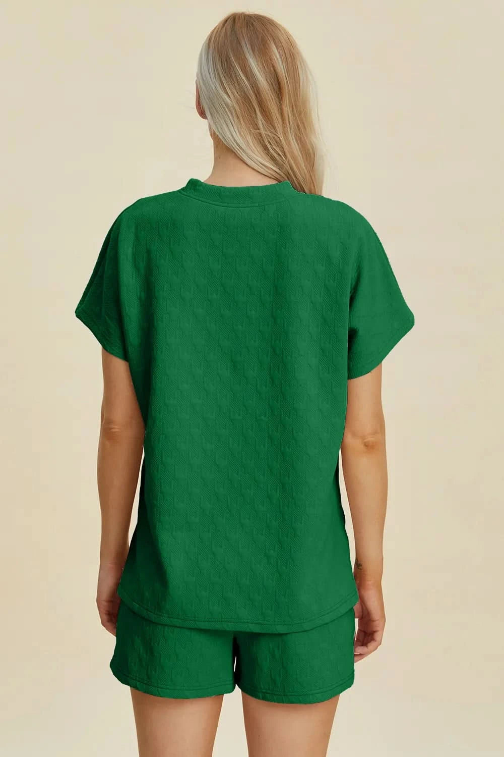 Double Take Full Size Texture Round Neck Short Sleeve Top and Shorts Set - ShalayeFashion