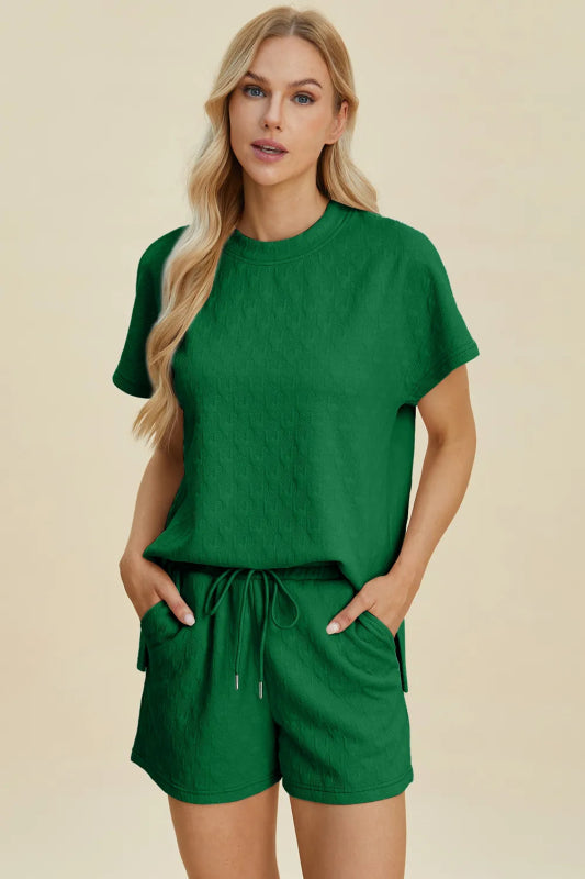 Double Take Full Size Texture Round Neck Short Sleeve Top and Shorts Set - ShalayeFashion