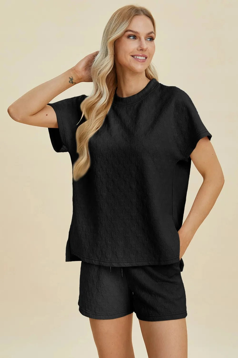 Double Take Full Size Texture Round Neck Short Sleeve Top and Shorts Set - ShalayeFashion