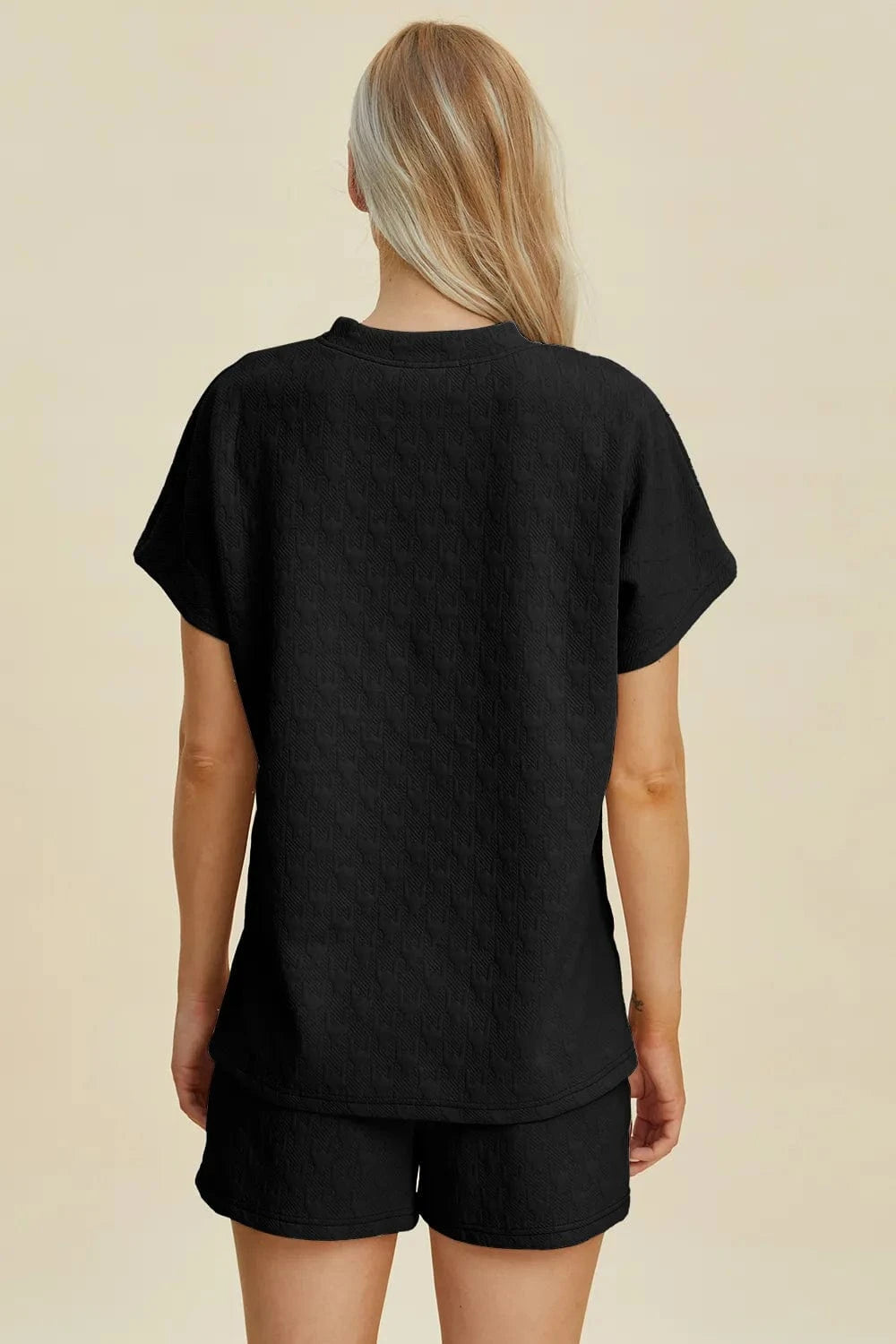 Double Take Full Size Texture Round Neck Short Sleeve Top and Shorts Set - ShalayeFashion