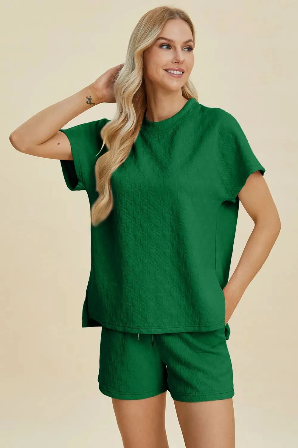 Double Take Full Size Texture Round Neck Short Sleeve Top and Shorts Set - ShalayeFashion