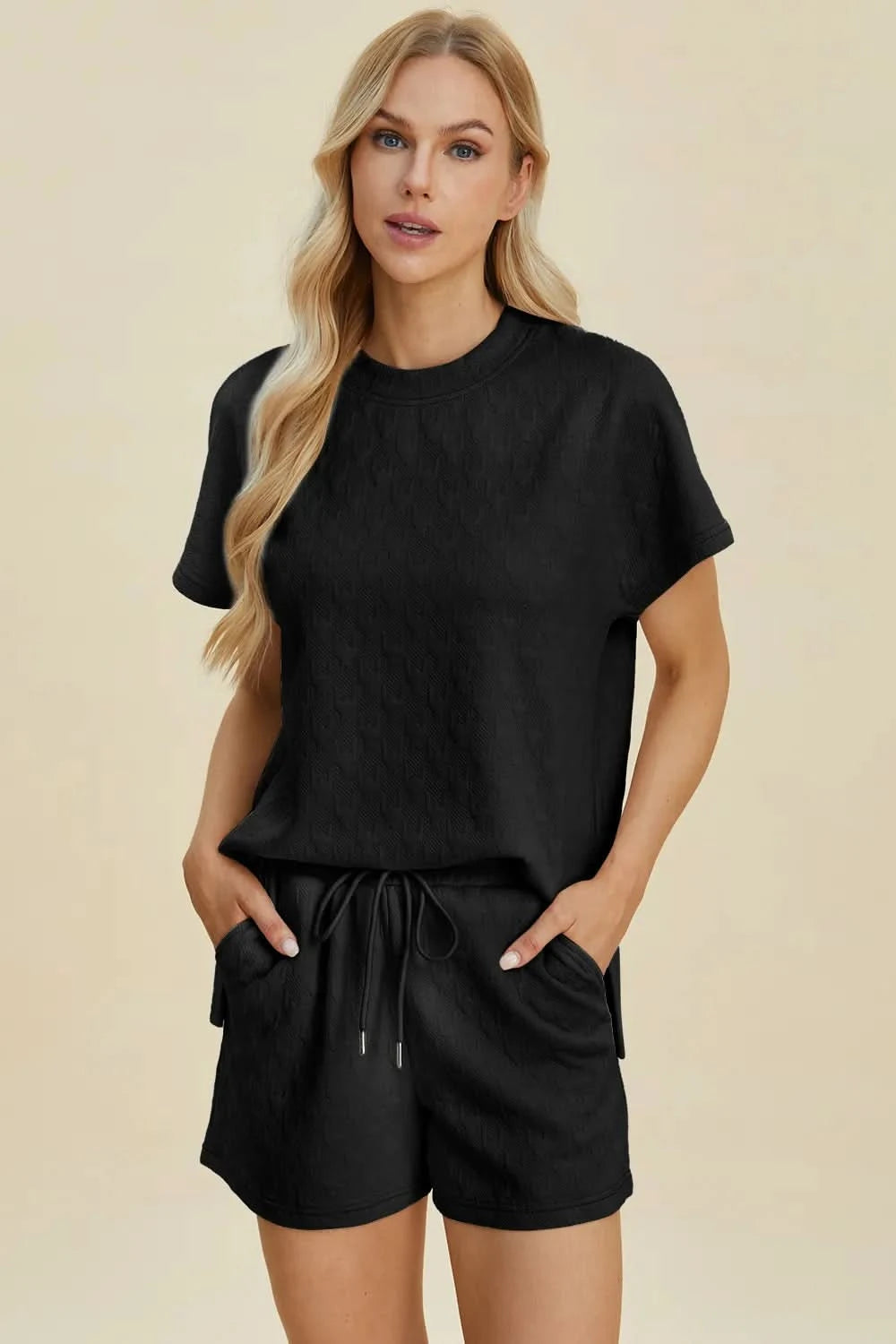Double Take Full Size Texture Round Neck Short Sleeve Top and Shorts Set - ShalayeFashion