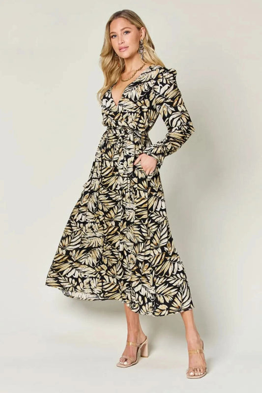 Double Take Full Size Tie Back Flounce Sleeve Dress - ShalayeFashion