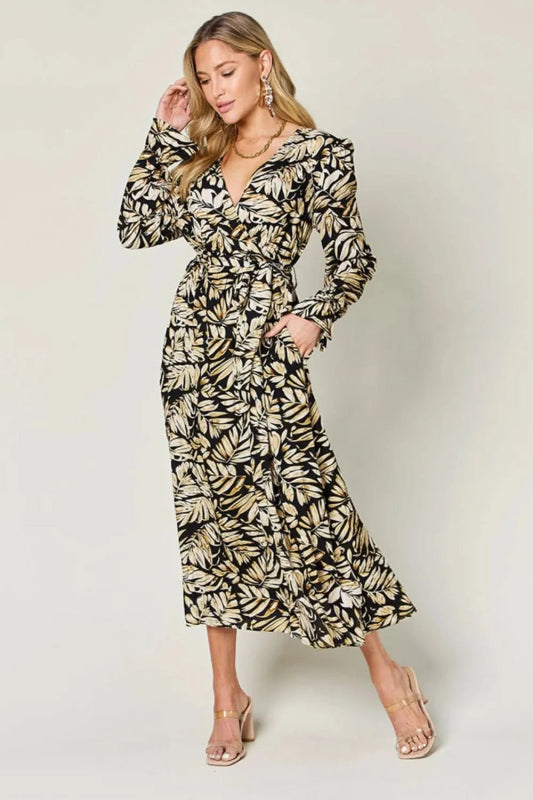 Double Take Full Size Tie Back Flounce Sleeve Dress - ShalayeFashion