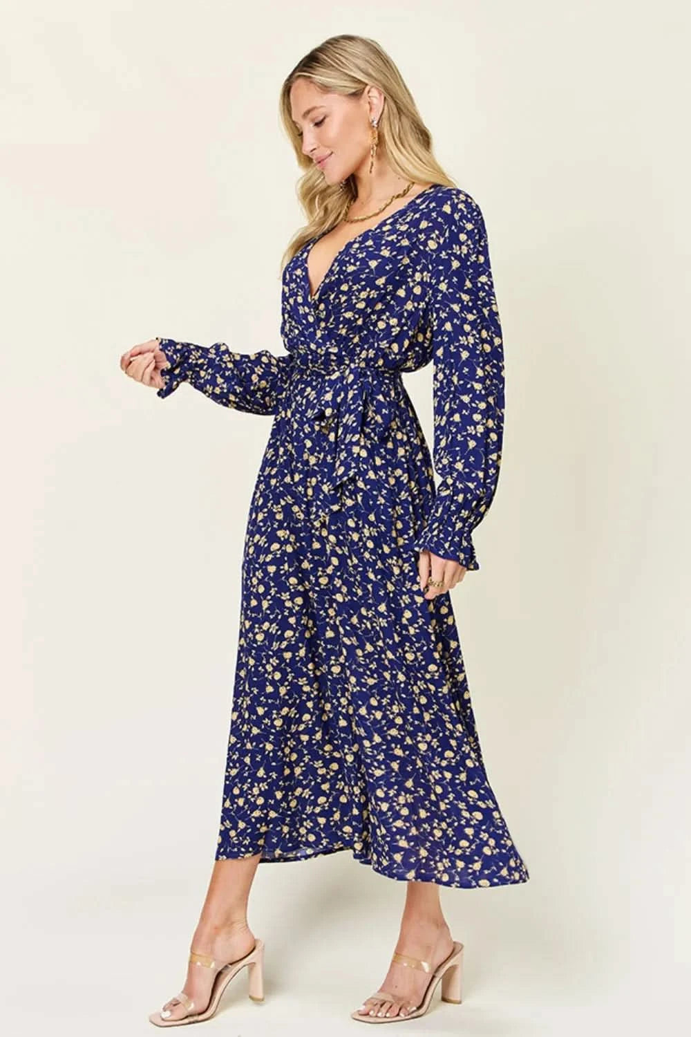 Double Take Full Size Tie Back Flounce Sleeve Dress - ShalayeFashion
